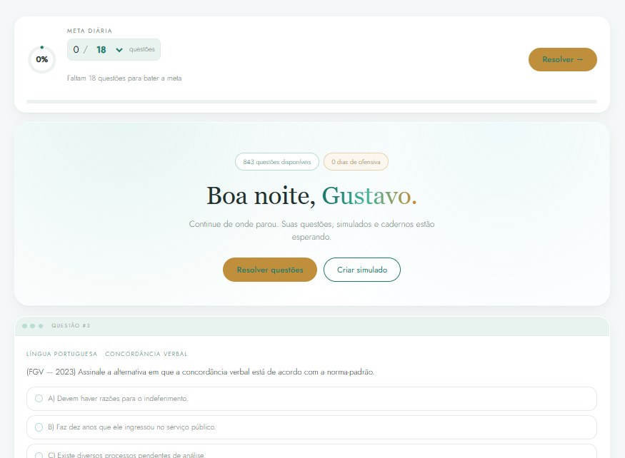 Romano Concursos: página inicial com meta diária e prévia de questão